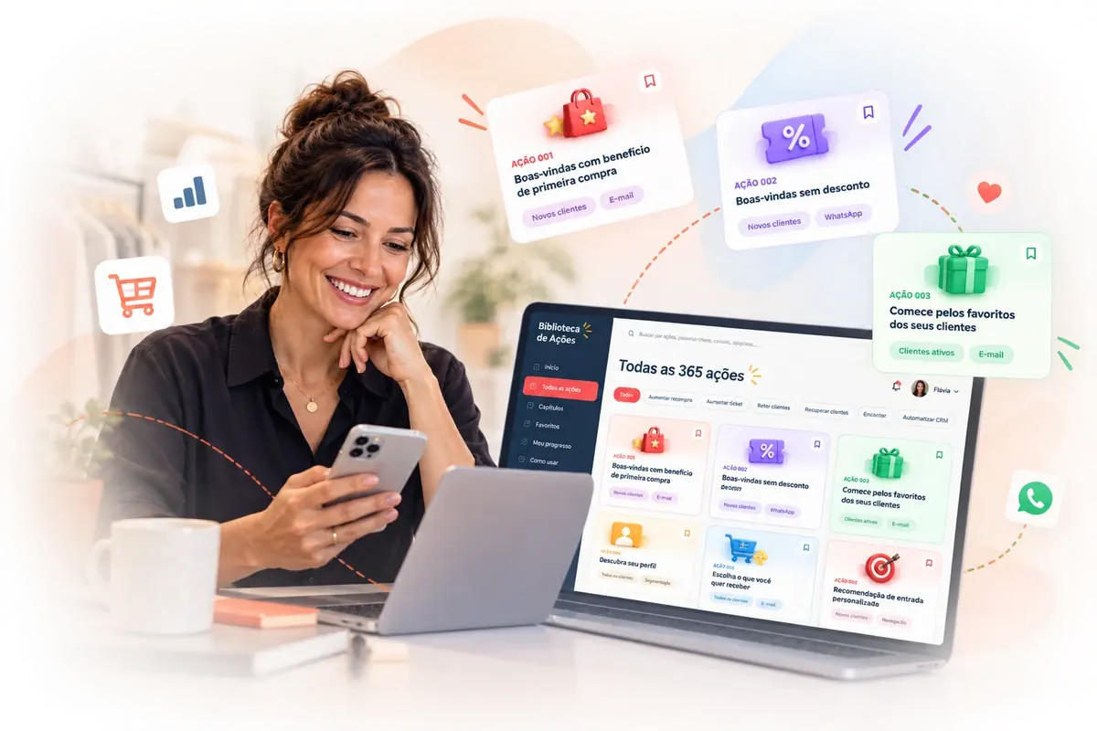 Biblioteca de ações de CRM com ideias, canais e modelos de mensagens