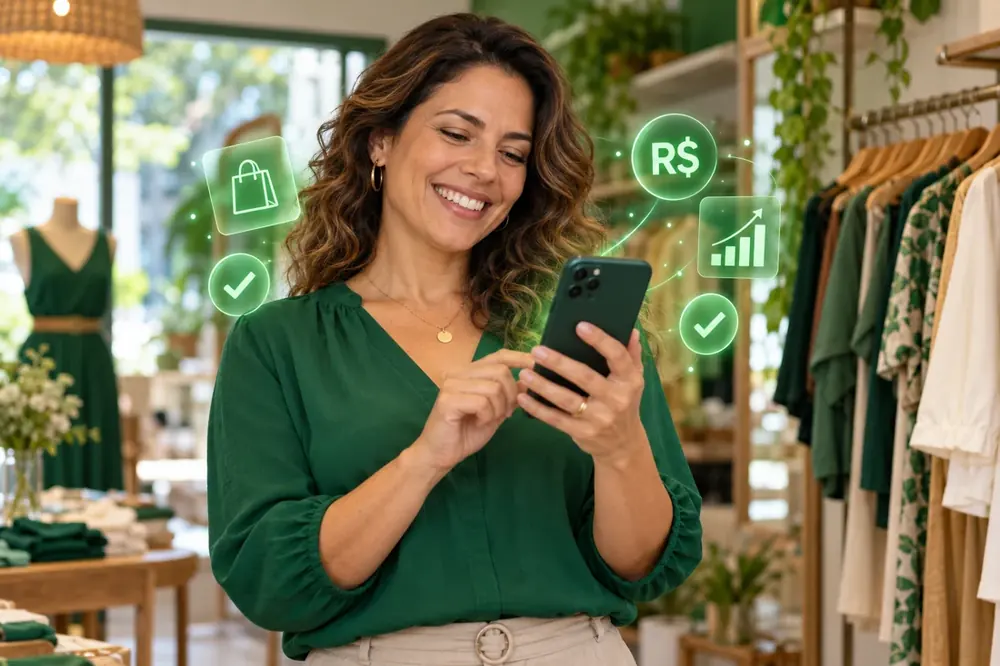 Lojista feliz no celular com símbolos de novas vendas